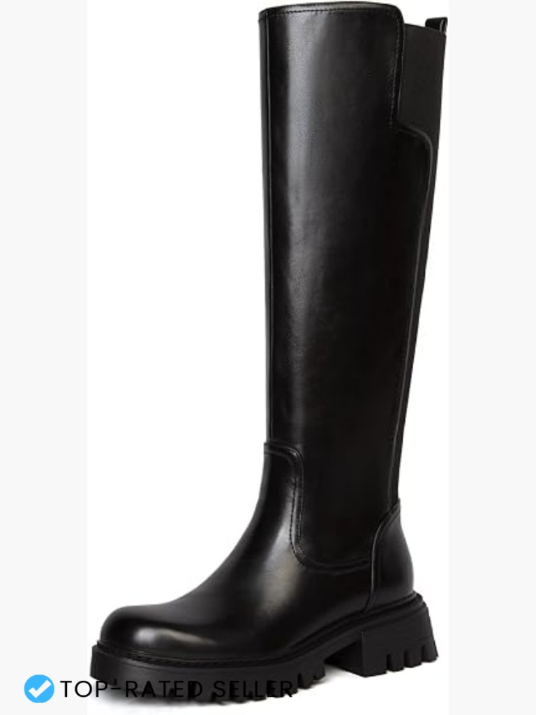 Stretch Platform Knee High Boots Chunky Heel Round Toe Side Zip Tall Boots